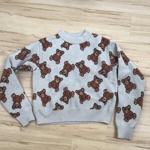 Stella Tweed Gray Sweater with Brown Teddy Bear Design